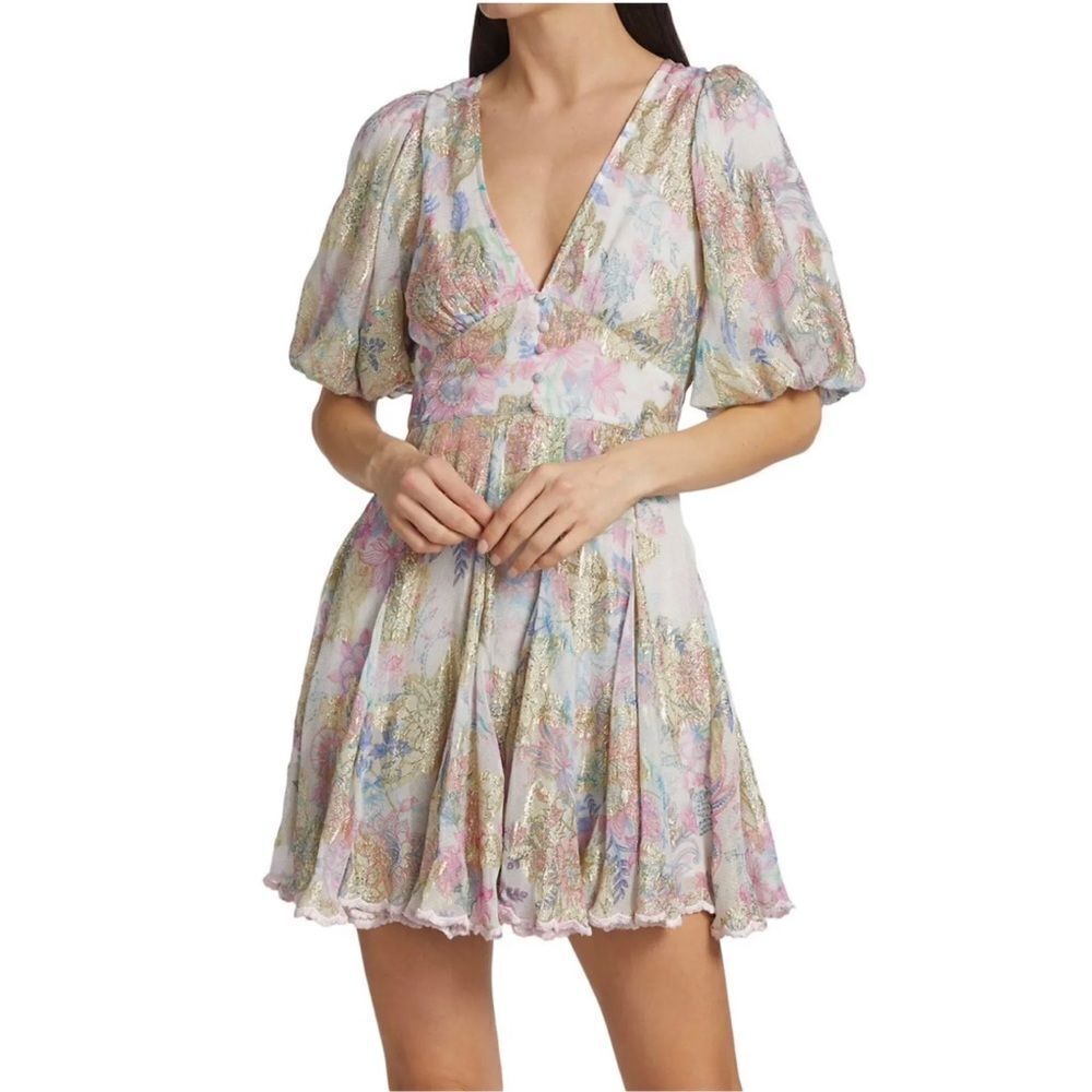 HEMANT & NANDITA Metallic Floral Puff-Sleeve Minidress size L
